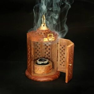 Handmade Wooden Incense Hexagonal Tower Holder Dhoop Brass Accents